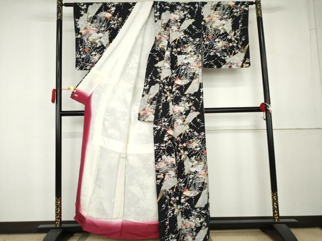 平和屋着物●上質な小紋　扇面花鳥文　黒地　金彩　三越扱い　正絹　逸品　AABL0213cs