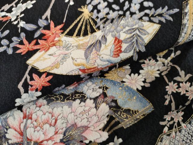 平和屋着物●上質な小紋　扇面花鳥文　黒地　金彩　三越扱い　正絹　逸品　AABL0213cs