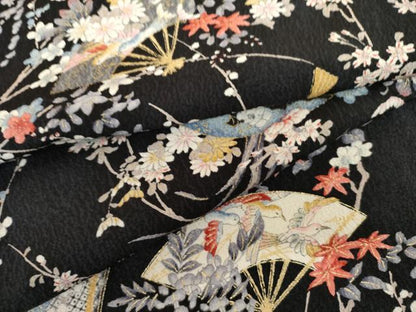 平和屋着物●上質な小紋　扇面花鳥文　黒地　金彩　三越扱い　正絹　逸品　AABL0213cs