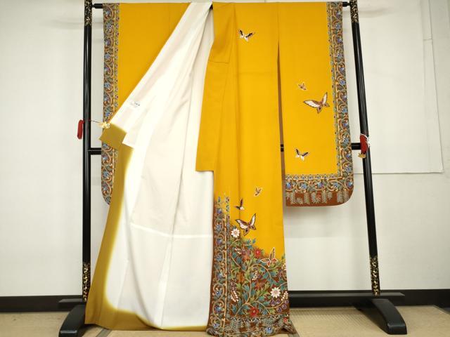 平和屋着物●豪華振袖　花蝶文　暈し染め　金彩　ロング丈　正絹　逸品　AABL0214cs