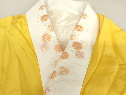 平和屋着物●振袖用長襦袢　袷　枝花地紋　向日葵色　半衿刺繍　正絹　逸品　未使用　AABL0231cs