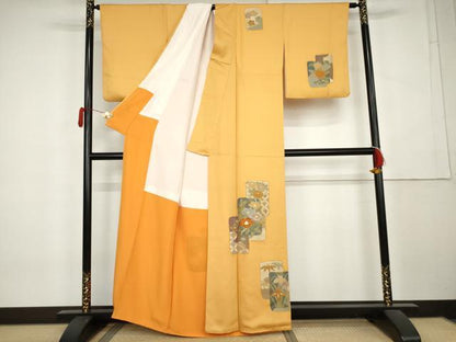 平和屋着物●訪問着　刺繍　色紙重ね草花文　金彩　正絹　逸品　AABL0240cs