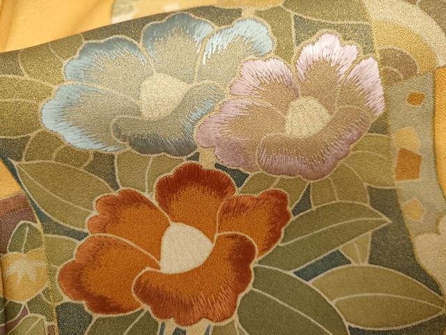 平和屋着物●訪問着　刺繍　色紙重ね草花文　金彩　正絹　逸品　AABL0240cs