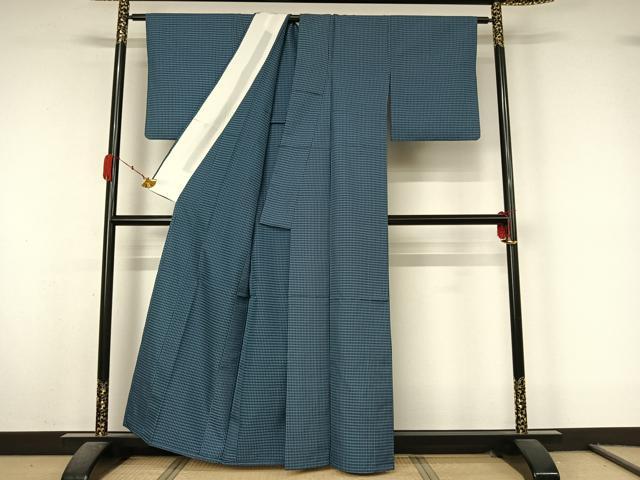 平和屋着物▽お召　単衣　格子　正絹　逸品　AABL0244jh
