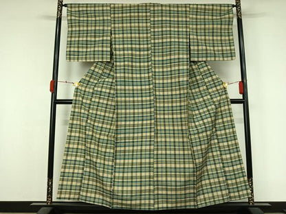 平和屋着物▽上質な紬　単衣　格子　正絹　逸品　AABL0245jh