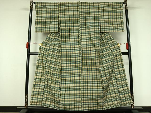 平和屋着物▽上質な紬　単衣　格子　正絹　逸品　AABL0245jh