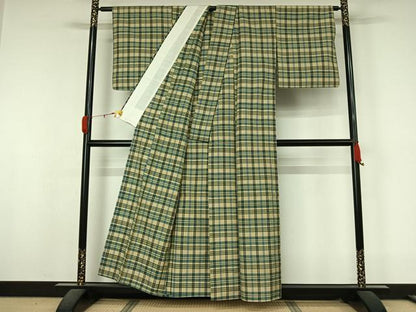 平和屋着物▽上質な紬　単衣　格子　正絹　逸品　AABL0245jh