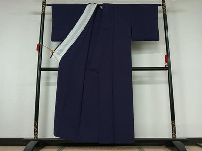 平和屋着物▽上質な色無地　単衣　紺藍色　正絹　逸品　AABL0249jh