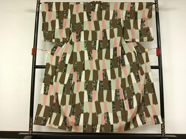 平和屋着物▽お召　単衣　幾何学文様　正絹　逸品　AABL0251jh