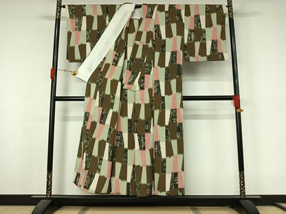 平和屋着物▽お召　単衣　幾何学文様　正絹　逸品　AABL0251jh