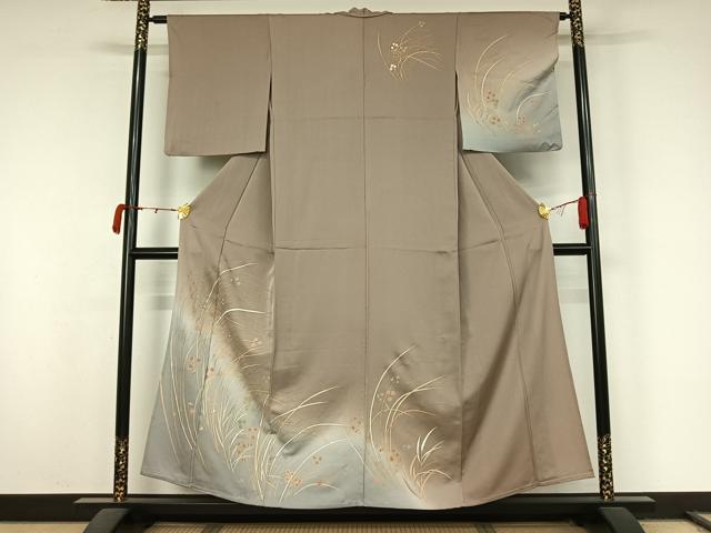 平和屋着物▽訪問着　単衣　草花文　暈し染め　金彩　正絹　逸品　AABL0254jh