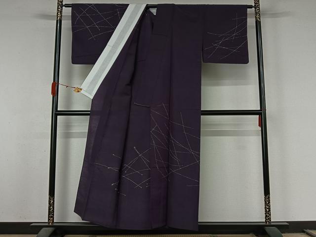 平和屋着物▽訪問着　単衣　紬地　刺し子　刺繍　変わり格子　正絹　逸品　AABL0262jh
