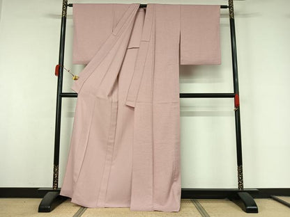 平和屋着物▽お召　単衣　色無地　撫子色　正絹　逸品　AABL0264jh