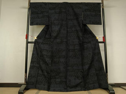 平和屋着物▽結城紬　単衣　80亀甲　横段花文　正絹　逸品　AABL0266jh