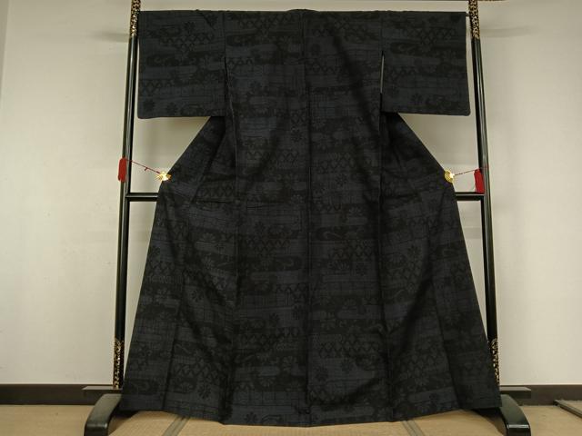 平和屋着物▽結城紬　単衣　80亀甲　横段花文　正絹　逸品　AABL0266jh