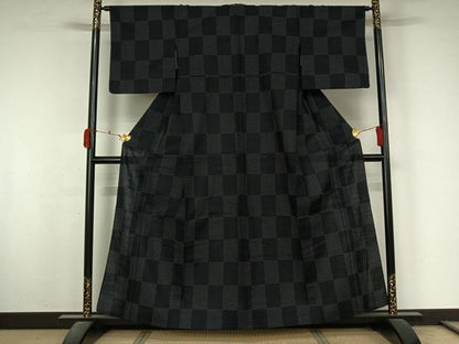 平和屋着物▽小紋　単衣　市松文様　黒地　綿　未使用　AABL0267jh