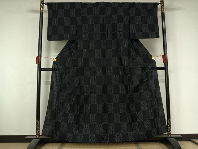 平和屋着物▽小紋　単衣　市松文様　黒地　綿　未使用　AABL0267jh