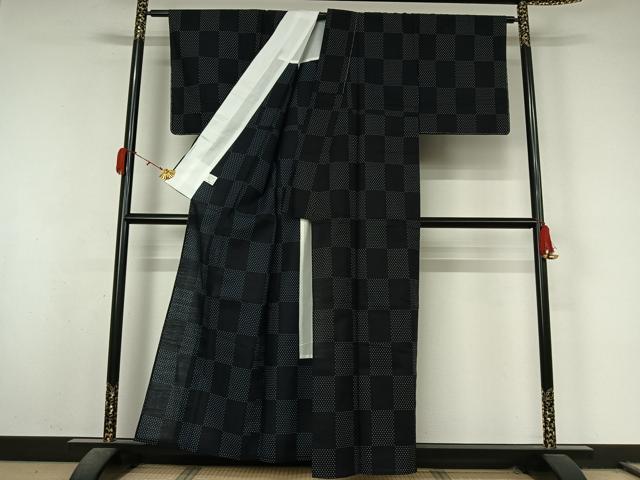 平和屋着物▽小紋　単衣　市松文様　黒地　綿　未使用　AABL0267jh