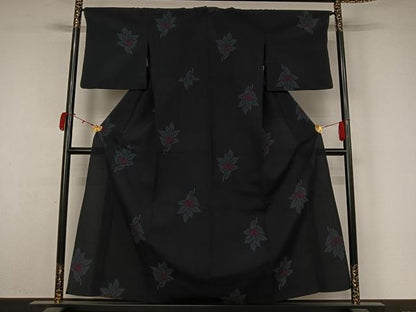平和屋着物▽お召　単衣　草花文　正絹　逸品　AABL0272jh