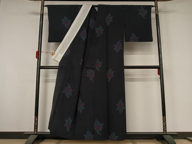 平和屋着物▽お召　単衣　草花文　正絹　逸品　AABL0272jh
