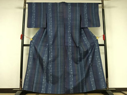 平和屋着物▽上質な紬　単衣　型染め　花間道　正絹　逸品　AABL0273jh