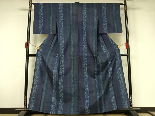 平和屋着物▽上質な紬　単衣　型染め　花間道　正絹　逸品　AABL0273jh