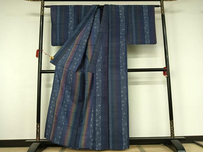 平和屋着物▽上質な紬　単衣　型染め　花間道　正絹　逸品　AABL0273jh
