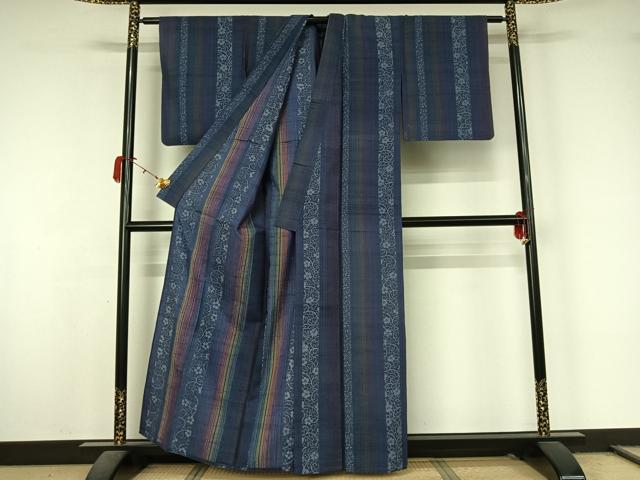 平和屋着物▽上質な紬　単衣　型染め　花間道　正絹　逸品　AABL0273jh
