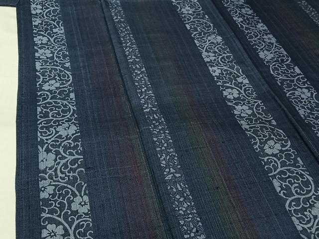 平和屋着物▽上質な紬　単衣　型染め　花間道　正絹　逸品　AABL0273jh
