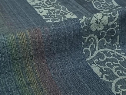 平和屋着物▽上質な紬　単衣　型染め　花間道　正絹　逸品　AABL0273jh