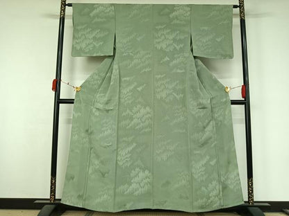 平和屋着物▽上質な色無地　単衣　樹林地紋　山葵色　正絹　逸品　AABL0275jh