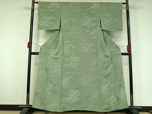 平和屋着物▽上質な色無地　単衣　樹林地紋　山葵色　正絹　逸品　AABL0275jh