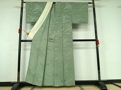 平和屋着物▽上質な色無地　単衣　樹林地紋　山葵色　正絹　逸品　AABL0275jh