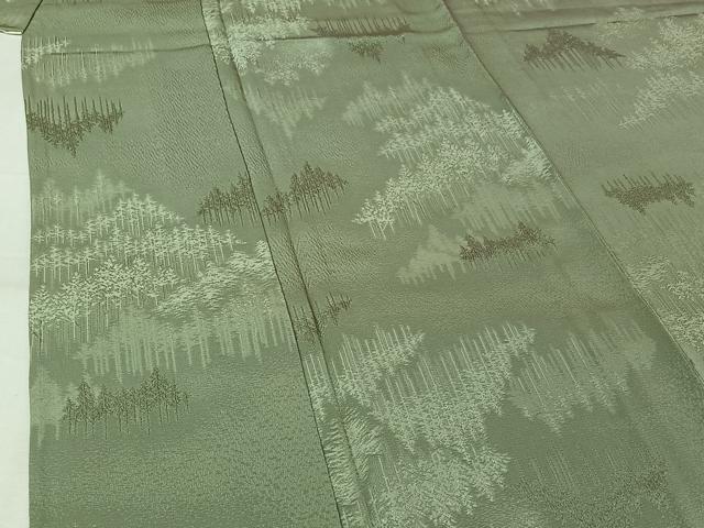平和屋着物▽上質な色無地　単衣　樹林地紋　山葵色　正絹　逸品　AABL0275jh