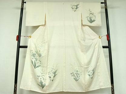 平和屋着物▽訪問着　単衣　刺繍　草花文　金彩　正絹　逸品　AABL0279jh