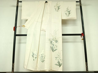 平和屋着物▽訪問着　単衣　刺繍　草花文　金彩　正絹　逸品　AABL0279jh