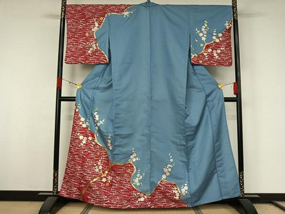 平和屋着物▽訪問着　単衣　敷松葉枝梅文　金彩　洗える着物　AABL0281jh