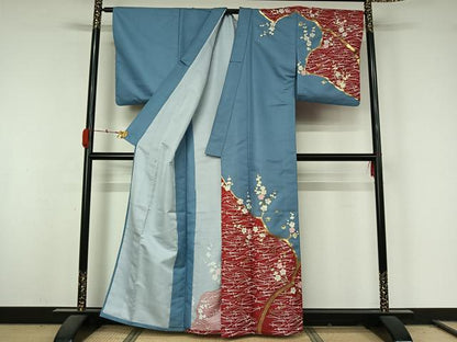 平和屋着物▽訪問着　単衣　敷松葉枝梅文　金彩　洗える着物　AABL0281jh
