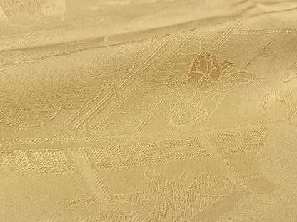 平和屋着物▽上質な色無地　単衣　風景人物花地紋　浅黄色　正絹　逸品　AABL0284jh