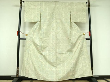 平和屋着物▽上質な紬　単衣　幾何学文様　正絹　逸品　AABL0296jh