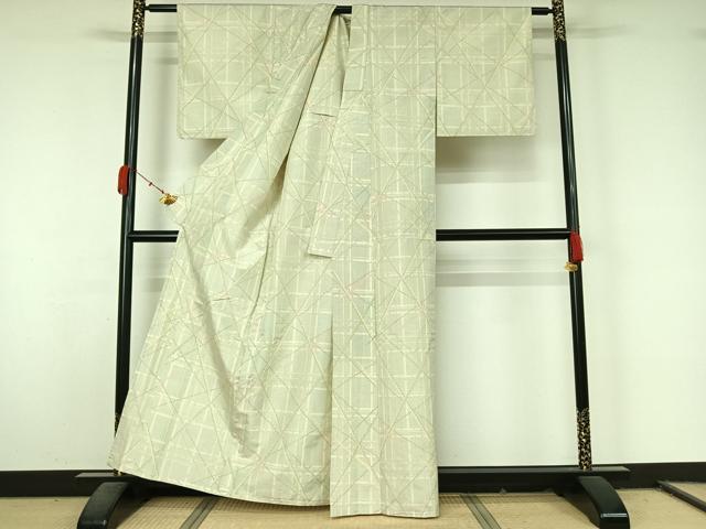 平和屋着物▽上質な紬　単衣　幾何学文様　正絹　逸品　AABL0296jh
