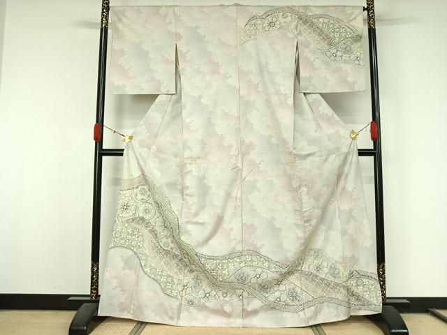 平和屋着物▽名門　藤娘きぬたや・総絞り(杢目絞り)　本場大島紬　白大島　訪問着　単衣　9マルキ　吉祥花文　正絹　逸品　AABL0297jh