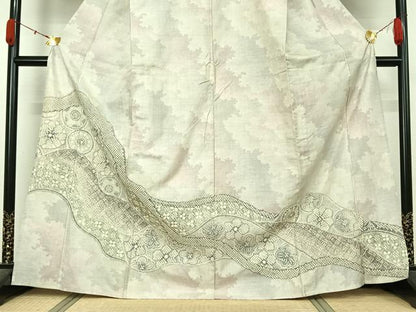 平和屋着物▽名門　藤娘きぬたや・総絞り(杢目絞り)　本場大島紬　白大島　訪問着　単衣　9マルキ　吉祥花文　正絹　逸品　AABL0297jh