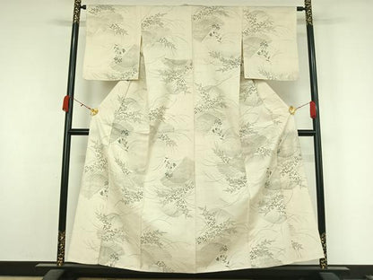 平和屋着物▽上質な小紋　単衣　生紬地　草花文　正絹　逸品　AABL0307jh