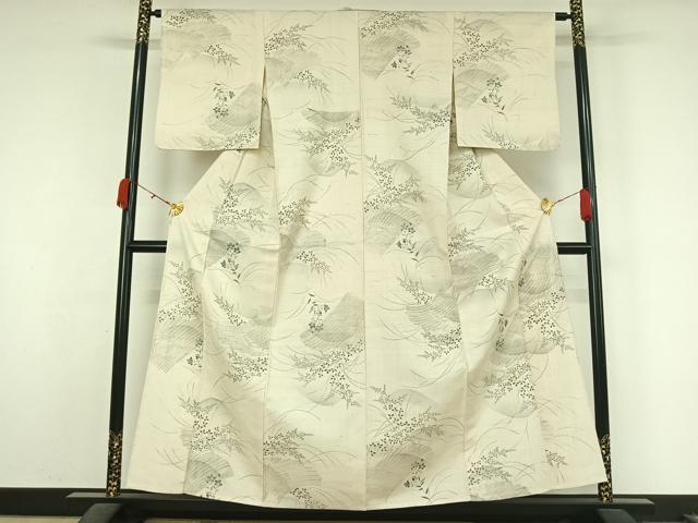 平和屋着物▽上質な小紋　単衣　生紬地　草花文　正絹　逸品　AABL0307jh