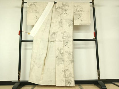 平和屋着物▽上質な小紋　単衣　生紬地　草花文　正絹　逸品　AABL0307jh