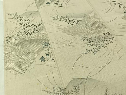 平和屋着物▽上質な小紋　単衣　生紬地　草花文　正絹　逸品　AABL0307jh