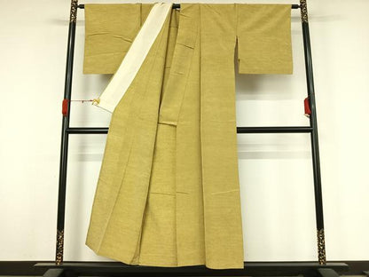 平和屋着物▽上質な紬　単衣　色無地　芥子色　正絹　逸品　AABL0316jh