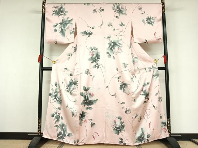 平和屋着物▽上質な小紋　単衣　花蝶文　正絹　逸品　AABL0318jh