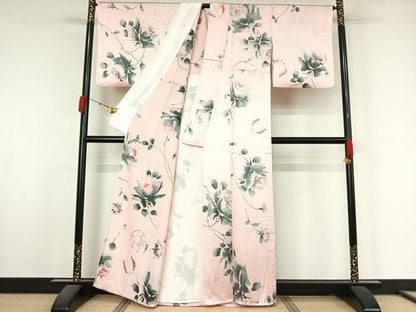平和屋着物▽上質な小紋　単衣　花蝶文　正絹　逸品　AABL0318jh